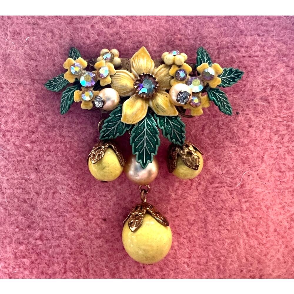 MCM yellow floral enamel brooch rhinestones pearl dangles Springcore Fairycore